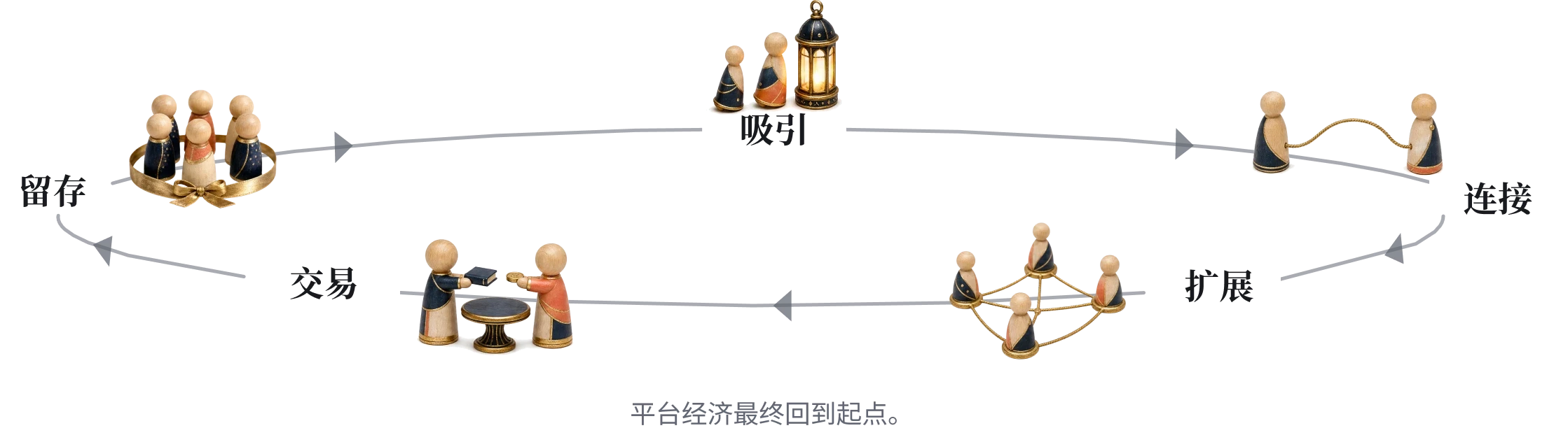 出版流程包括创作、出版与销售；平台经济则围绕吸引用户、建立连接、拓展业务、促成交易与留住用户展开