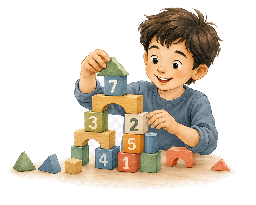 一个孩子用带数字的木块搭塔